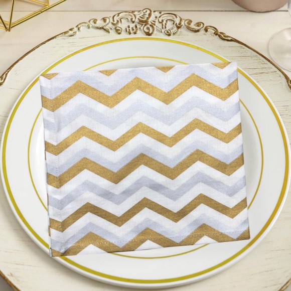 4 Dinner Napkins Set Linen Chevron Gold Silver 20” - Picture 8 of 8